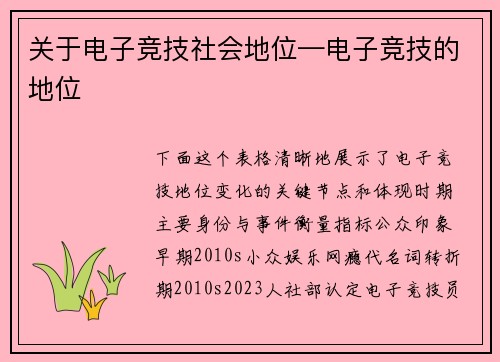关于电子竞技社会地位—电子竞技的地位